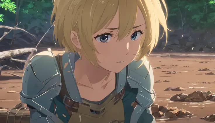 a blonde female knight, wounded, dirty, sad, mud on her face, messy dirty hair