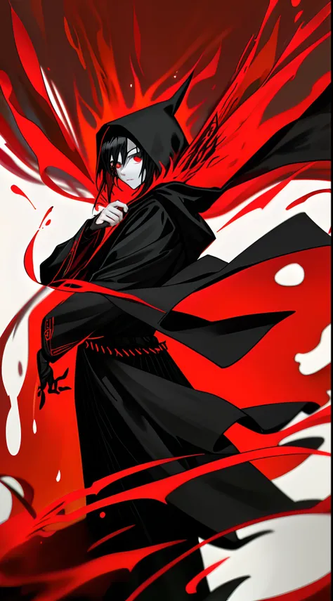 A teenager wearing a black shawl hood engraved with red runes，，Black color hair，Black color hair，Black color hair，Dress in black，face expressionless，Magic makes，Black and red twisted arms