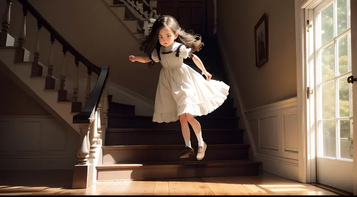 a little girl with hair falling down a staircase in a 19th century house