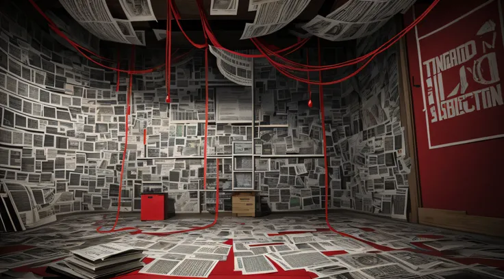 Create an image of a conspiracy theorists wall covered in newspaper clippings and red strings connecting the Kraken to government activities."