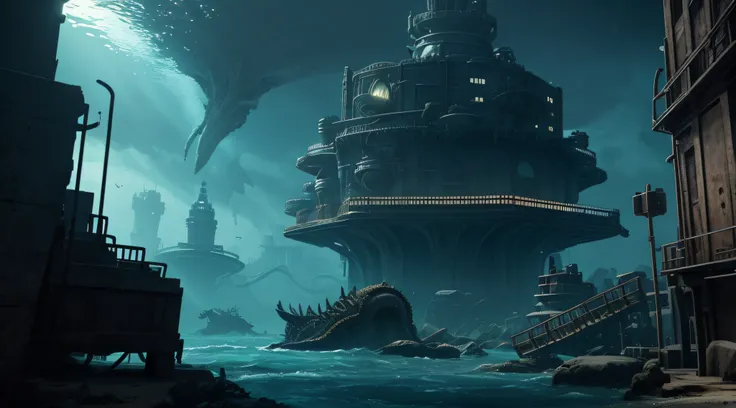 "Illustrate a hidden underwater city where the government conducts top-secret research involving the Kraken."