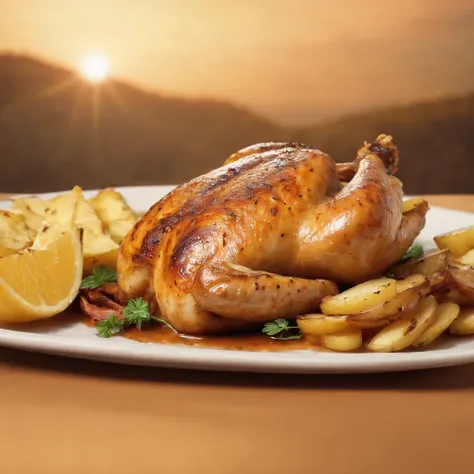 3D rendering:1.3) de (Realistic:1.3) Foto de arte mais bonita do mundo, Features grilled chicken-fish with potatoes, 8k unidade render, prato detalhado, (vibrante, fotogrdeia realista, Realistic, Dramatic, Escuro, foco nítido, 8k), (intrincado:1.4), decade...