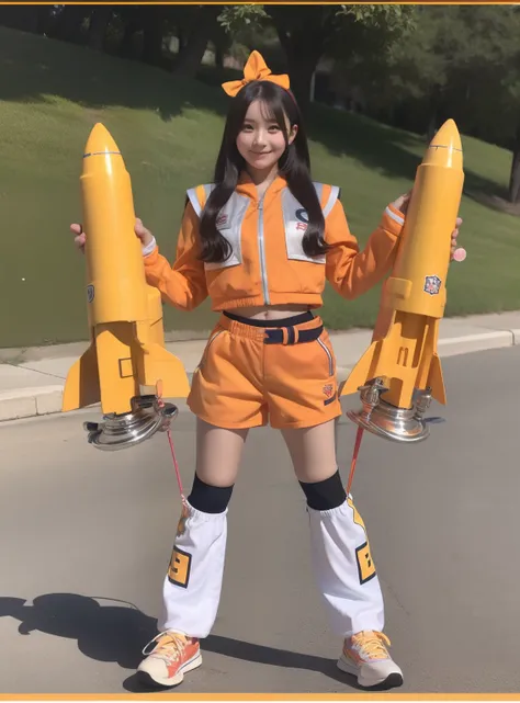 female high-school student、large full breasts、beautiful foot、Colorful hair、、Good Style、Orange uniform、Short pants、Loose socks、Cute look、silvery jacket、Holding a rocket toy in both hands、caps