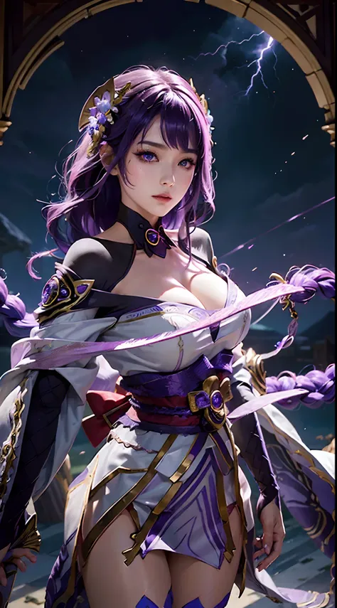 The most beautiful and sexy storm goddess, long beautiful purple hair, glowing neon purple eyes, wearing highly detailed white battle armor, tons of tattoos and piercings, creating the most powerful and destructive thunderstorm, highly detailed background,...