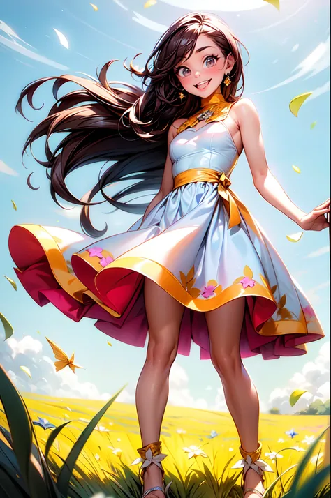 agregar_detalle:1, La mejor calidad, hermoso brillo detallado, ambient-occlusion, Luz ambiental, Reflejos trazados por rayos, Aura brillante, una feliz, Smiling 18-year-old brown-skinned girl running across the prairie on a sunny day with the wind blowing,...