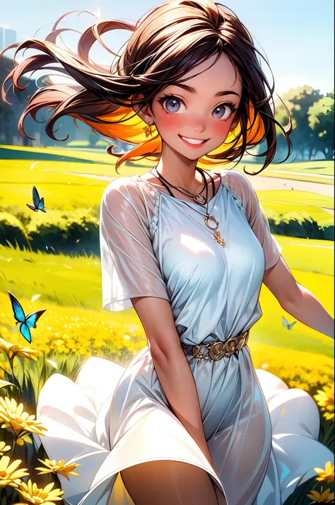 agregar_detalle:1, La mejor calidad, hermoso brillo detallado, ambient-occlusion, Luz ambiental, Reflejos trazados por rayos, Aura brillante, una feliz, Smiling 18-year-old brown-skinned girl running across the prairie on a sunny day with the wind blowing,...