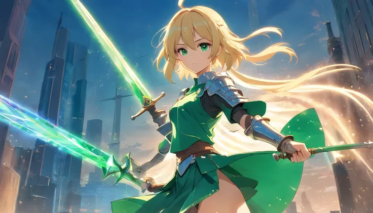 strong blonde female knight, holding a beautiful emerald sword, wearing an armored skirt, beautiful legs, looking at viewer, strong