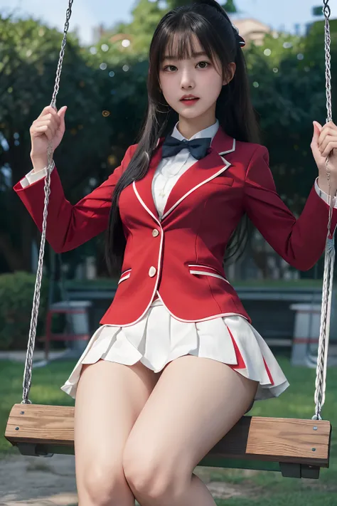 a girl sitting on a swing with a red blazer and white skirt, cute girl, beautiful high school girl, Suzune Horikita, best girl, hyperrealistic, long hair, school uniform, yandere. tall, from girls frontline, azur lane style, seductive girl, anger expressio...