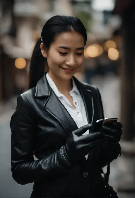 Black leather gloves in both hands, blazer and ribbon uniform, black hair ponytail, upper body, conversation with a smile with a black smartphone, cute Japanese girl (black leather gloves covering both hands) traveling alone