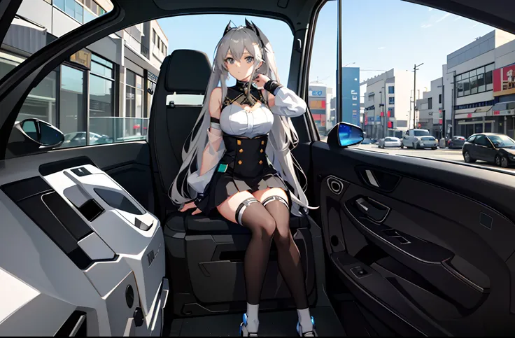 Anime girl sitting in car in black and white costume, azur lane style, A scene from the《azur lane》videogame, Fine details. Girl Front, from girls frontline, Kushatt Krenz Key Art Women, android heroine, m4 sopmod ii girls frontline, attractive matoi ryuko,...