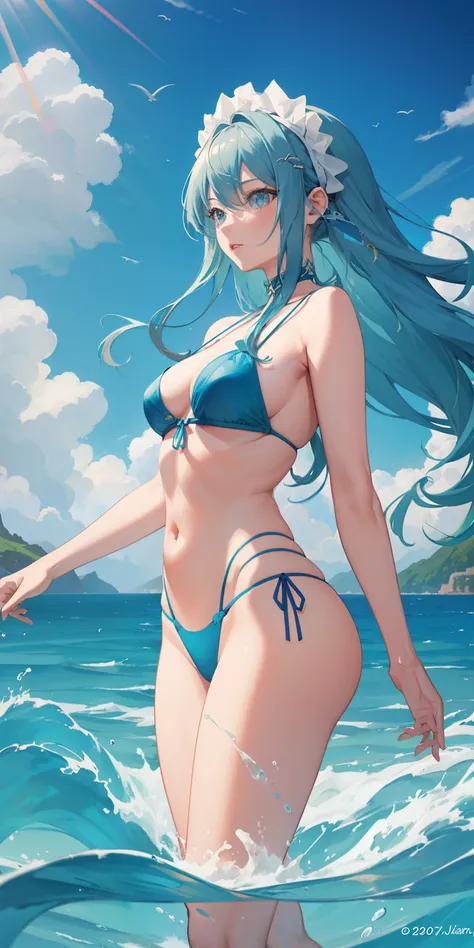 Hydro themed women with wonderful flowing hair and ocean on background