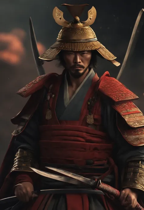 (((A samurai carrying two swords around his waist))), piercing gaze, Wear a bamboo hat, Detal Face, 年轻, extremely detaile, em plano geral, style of anime, coloring, tmasterpiece, 8K