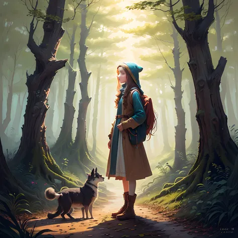 : "Illustration for a fairy tale about a girl, standing in the woods, who knows how to talk to animals"