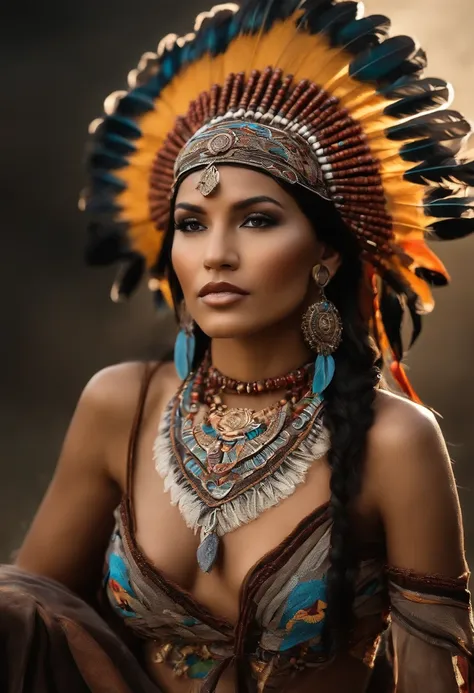 Native American beauty in dance poses, luxurious leather ponchos embroidered with intricate embroidery, flowing tulle, feather hair ornaments, war bonnet, tattoo, brown skin, Indian jewelry, Native American pattern, transparent and long colorful ubert on a...