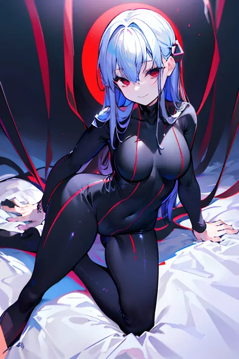 Black full body suit　5 year old girl　seductiv　a smile　succubus　Sit up