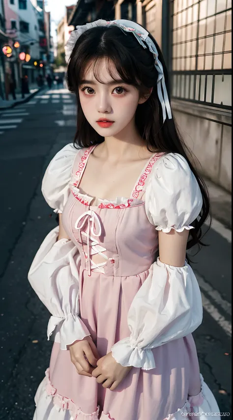 (best quality,16k,high-resolution photography:1.2), Lolita style, wearing Lolita clothes, Korean and Japanese beautiful girl, street background, vibrant colors, detailed eyes and lips, ultra-fine painting, sharp focus, studio lighting