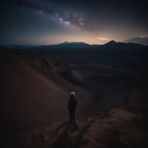 A person stands in the Ulanqab Volcano Geopark，Wear a combined outfit of astronauts and protective clothing，Master parts、Superior quality、Superior image quality、8K quality、Beautiful picture of the starry sky、magnifica、arching milkyway