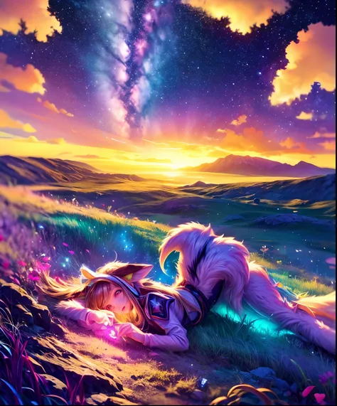 Describe a scene where a cute girl character is lying on a grassy hill, Looking up at the starry sky. Surround her with colorful nebulae and her favorite constellations.