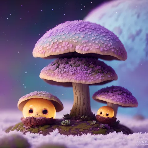 Oil painting of a cosy vintage tiny cute fungi, on a icy planet, in a. lavender haze, octane render by weta digital, exotic colorful pastel, ray traced lighting and reflections by Yoji shinkawa