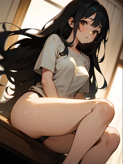 Semi-long black hair、a beauty girl、Brown eyes、Wearing panties、Plain white T-shirt、NSFW、Housing in Japan、