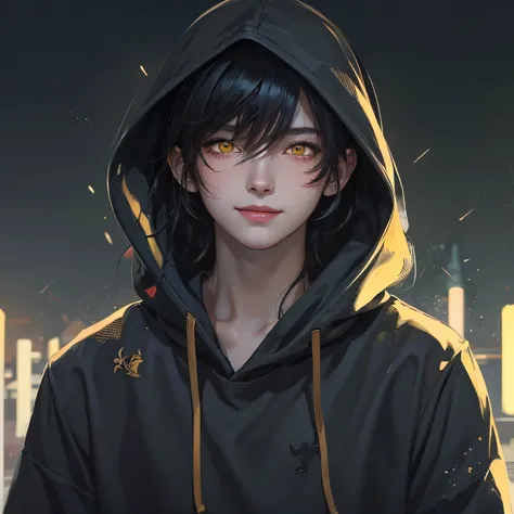 Anime man with yellow eyes and black hair in black hoodie, High quality anime art style, artwork in the style of guweiz, digital anime illustration, anime style character, smile, simple back ground