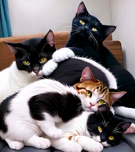 there are four cats that are laying down together on a chair, looking, cute eyes, cute cats, family portrait, adorable digital painting, beautiful painting of friends, cats on her side, by Olga Rozanova, they are all laying down, afternoon hangout, ultra r...