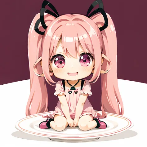 Cute chibi anime sitting on a plate, long pink hair with twin tails、Wear a hot pink mini dress, Smiling, Logo is cheap