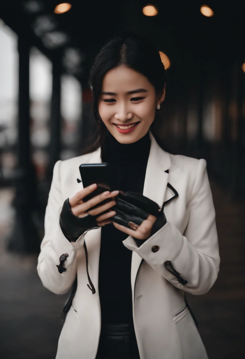 Black leather gloves in both hands, blazer and ribbon uniform, black hair ponytail, upper body, conversation with a smile with a black smartphone, cute Japanese girl (black leather gloves covering both hands) traveling alone