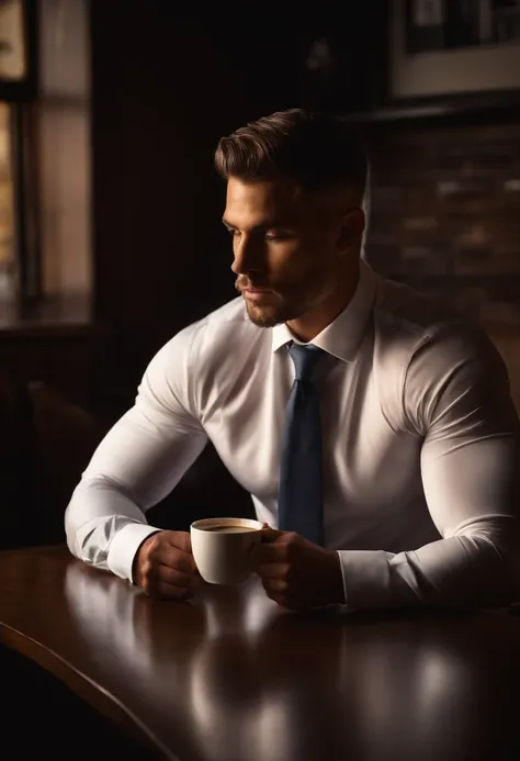 1man, 
a 30 y.o muscular male wearing long-sleeve white shirt and tie, drinking coffee,
soft lighting, 
masterpiece, best quality, 8k uhd, dslr, film grain, Fujifilm XT3 photorealistic painting art by midjourney and greg rutkowski