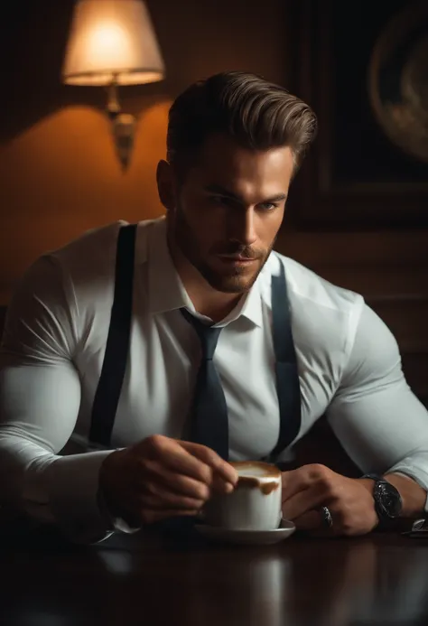 1man, 
a 30 y.o muscular male wearing long-sleeve white shirt and tie, drinking coffee,
soft lighting, 
masterpiece, best quality, 8k uhd, dslr, film grain, Fujifilm XT3 photorealistic painting art by midjourney and greg rutkowski