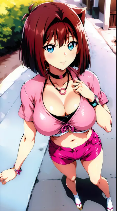 巨作, Best Quality, highres, Amazake, (Antenna hair:1.2), Standing, outdoors, smile, Navel huge breasts Mazaki Anzo Kyoko Masaki / Yu Ji Oh! Cyan eyes locking at viewer yellow bra pink jacket pink shorts necklace, choker, watch earrings