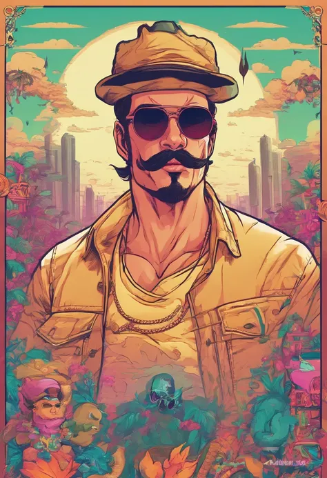 （high dynamic range）machos adultos、Caucasiana、Cabelos Prateados、[[um colar、mustache、piercings]]、（ultra-detalhada）Matrix Sunglasses、black hat、camisetas brancas、Desenhos animados em um terno preto、Wind illustration, arte dos desenhos animados, arte dos desen...