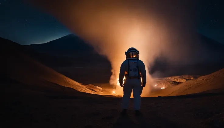 A person stands in the Ulanqab Volcano Geopark，Wear a combined outfit of astronauts and protective clothing，Master parts、Superior quality、Superior image quality、8K quality、Beautiful picture of the starry sky、magnifica、arching milkyway