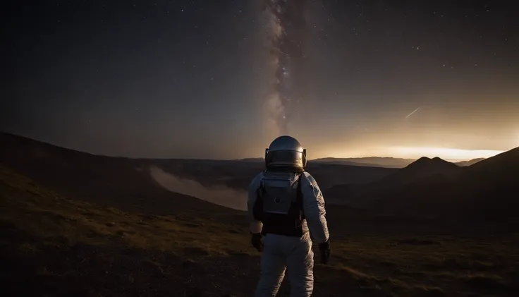 A person stands in the Ulanqab Volcano Geopark，Wear a combined outfit of astronauts and protective clothing，Master parts、Superior quality、Superior image quality、8K quality、Beautiful picture of the starry sky、magnifica、arching milkyway