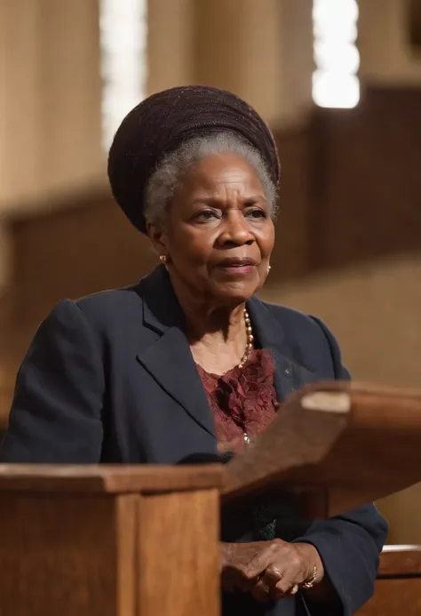 Generate a caption for an image of a 70-year-old African American woman preaching from a church pulpit.