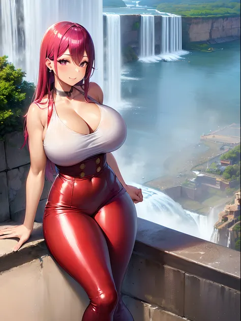 ((masutepiece,Best Quality,Extremely detailed,超A high resolution,Detailed background)),(((Beautiful Niagara Falls in the background))),(1girl in),((Colorful)),Flowers,(Shiny skin),((Many colors)),(earrings),Feathers、Wearing a tank top、Wear red leather pant...