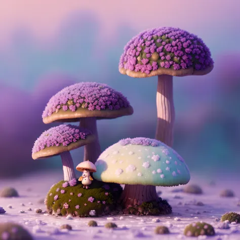 Oil painting of a cosy vintage tiny cute fungi, on a icy planet, in a. lavender haze, octane render by weta digital, exotic colorful pastel, ray traced lighting and reflections by Yoji shinkawa