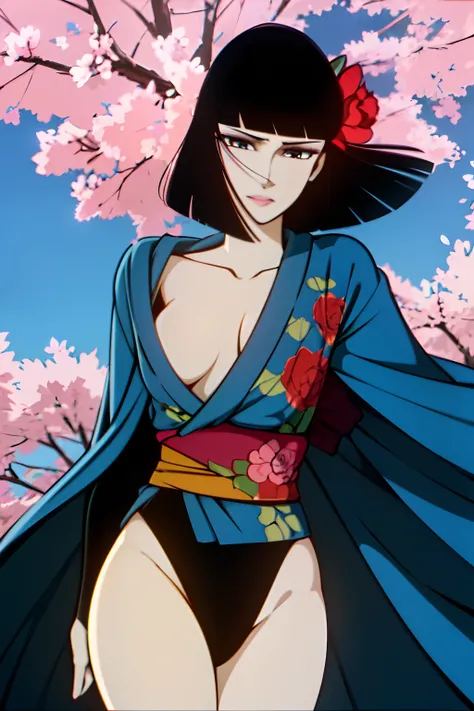 1girl in, Oyuki (Kamuis dagger), Blue kimono with floral pattern, Black Leotard, flower headdress, jet-black hair, Black eyes, Blue Eyeshadow, Red lips, ((Upper body, Face Focus)),