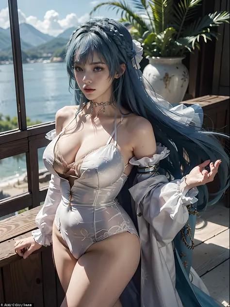 （Enrich the picture，Masterpiece level quality），Exquisite 8KCG artwork，Three goddess-like figures，sittinng on the river，Postural exercises，Slim and soft，Translucent skin，Green hair、The beauty of extra-long hair, Super Long Straight Hair，The skin is fair and...