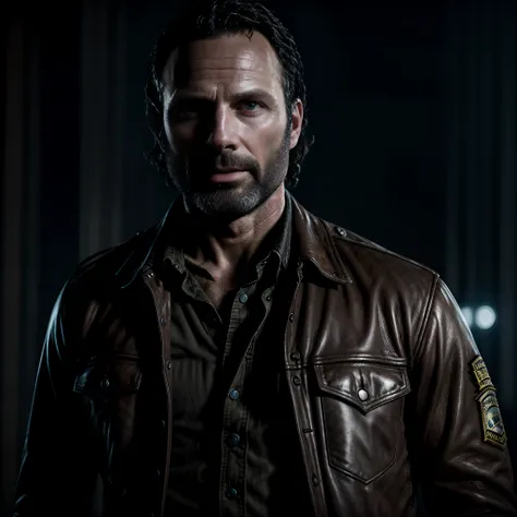 Amazingly Sheriff, 36 year old man, Rick Grimes, dark arts, The Walking Dead, full-length portrait, sharp lens, professional photography, 70mm, Color, highly detailed, 8k, soft light, detailed matte painting, deep colors , intricate details, splash screen ...