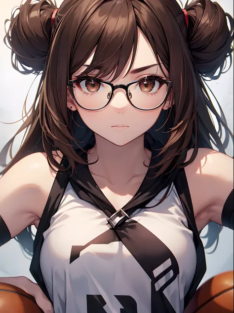 1 female、brown haired(Curta)、Brown eyes、Black-rimmed glasses、Best Quality、ultra-detailliert、8K resolution、Raw photo、masutepiece、gorgeous faces、Perfect body、serious facial expression、basketball