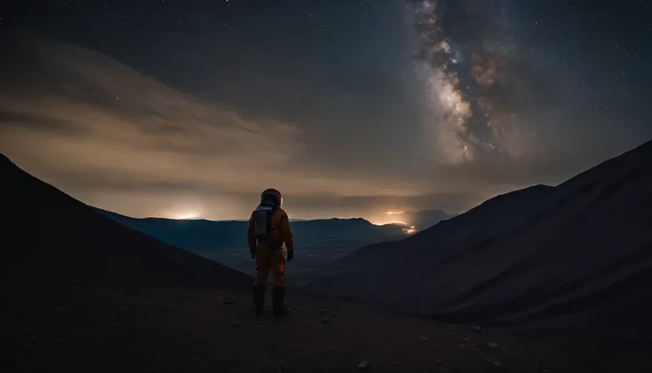 A person stands in the Ulanqab Volcano Geopark，Wear a combined outfit of astronauts and protective clothing，Master parts、Superior quality、Superior image quality、8K quality、Beautiful picture of the starry sky、magnifica、arching milkyway