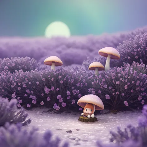 Oil painting of a cosy vintage tiny cute fungi, on a icy planet, in a. lavender haze, octane render by weta digital, exotic colorful pastel, ray traced lighting and reflections by Yoji shinkawa