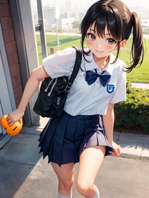 girl in school uniform, top is polo short and khaki skirt with nike air forces and miffy styled socks turning around and smiling background school and orning sunrise classmates in the background