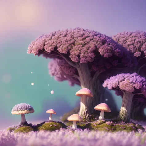 Oil painting of a cosy vintage tiny cute fungi, on a icy planet, in a. lavender haze, octane render by weta digital, exotic colorful pastel, ray traced lighting and reflections by Yoji shinkawa