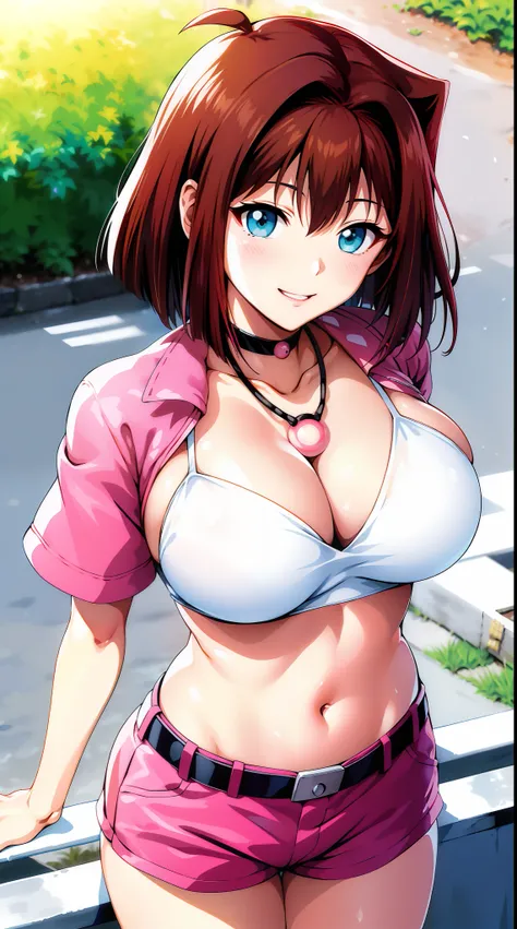 巨作, Best Quality, highres, Amazake, (Antenna hair:1.2), outdoors, smile, Navel huge breasts Mazaki Anzo Kyoko Masaki / Yu Ji Oh! Cyan eyes yellow bra pink jacket pink shorts necklace, choker, watch earrings