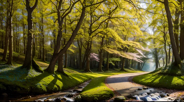 Create a fantastic work of art with intricate details of trees transitioning from winter to spring. Garanta a melhor qualidade e use HDR, UHD and 64K resolution for complex composition. It incorporates vibrant spring colors and textures that evoke a sense ...