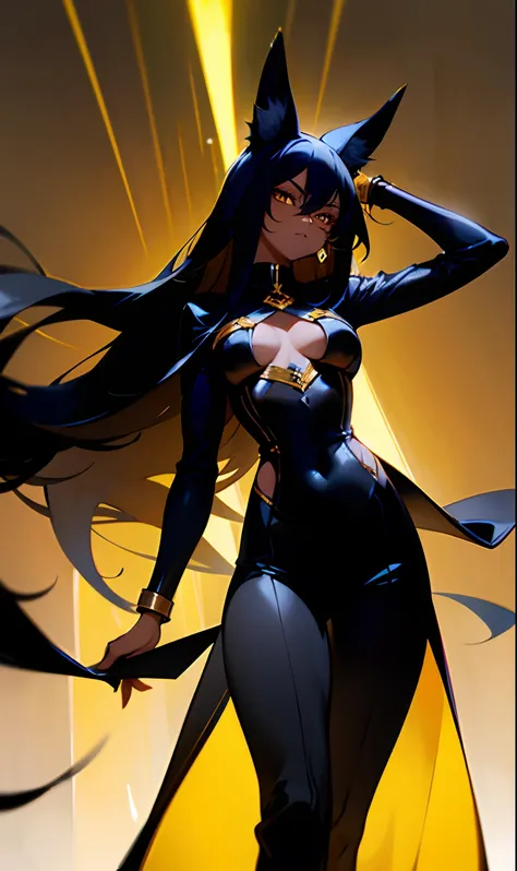 Anubis, a dark-skinned woman with medium breasts and long black hair with golden cat ears, wearing a black blouse and a blue overcoat on her back.