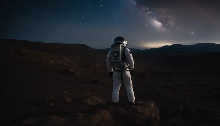 A person stands in the Ulanqab Volcano Geopark，Wear a combined outfit of astronauts and protective clothing，Master parts、Superior quality、Superior image quality、8K quality、Beautiful picture of the starry sky、magnifica、arching milkyway