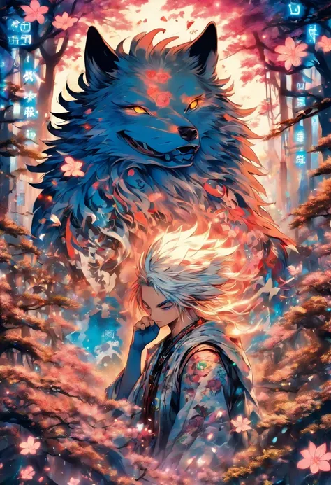 The most beautiful and enchanted wolf spirit, white hair, glowing blue eyes, tons of tattoos and piercings, in the most beautiful enchanted forest, graffiti and kanji elements in the background, cherry blossoms blowing in the wind, highly detailed, perfect...